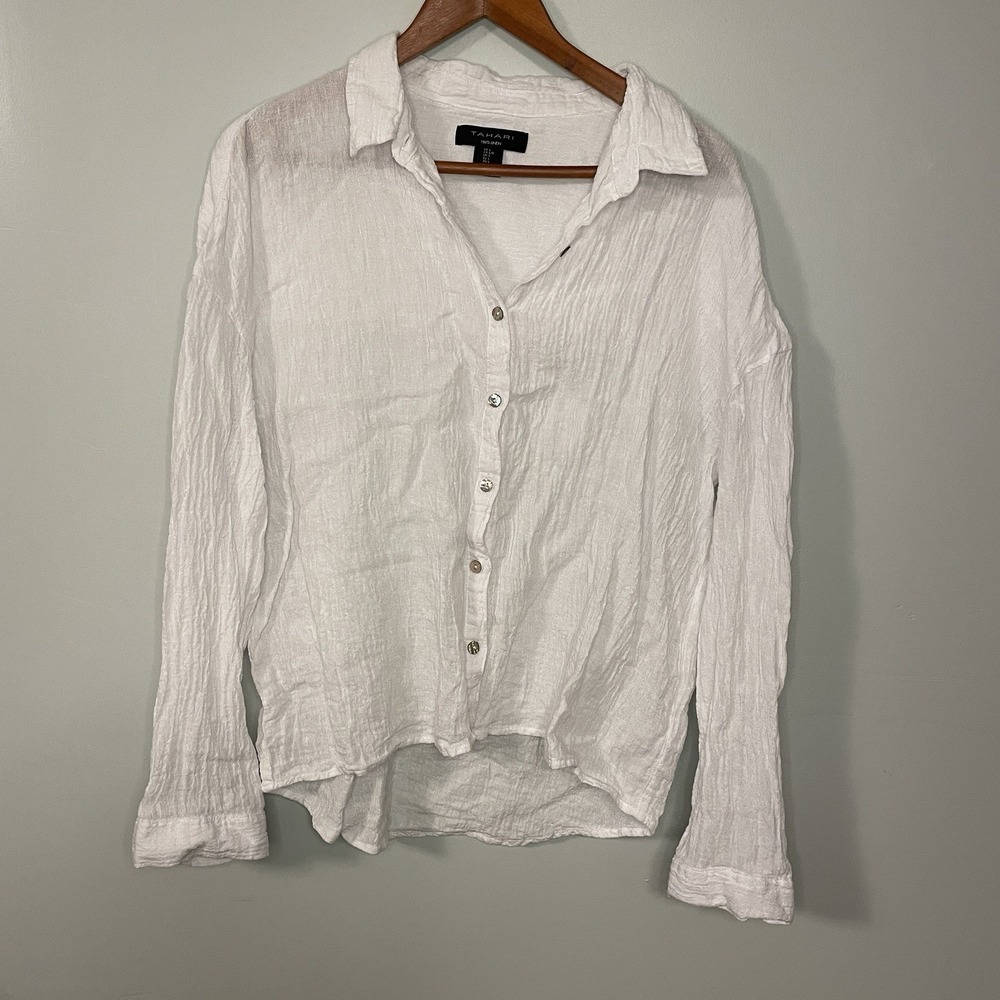Tahari Womens White 100% Linen Long Sleeve Crinkle Button-Up Shirt L